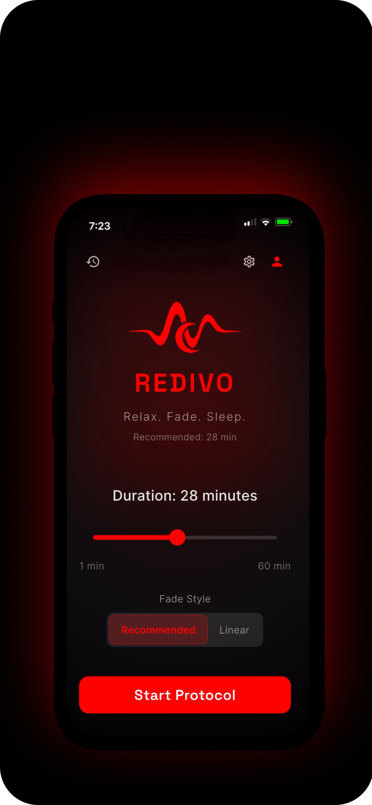 RedSleep app main screen showing the sleep protocol timer and Start Protocol button